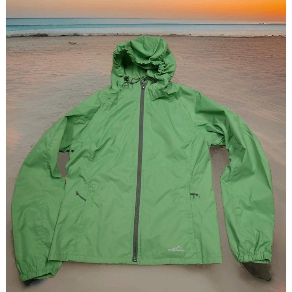 Eddie Bauer Windbreaker Jacket Women Small Green Excellent Hooded Full Zip Light